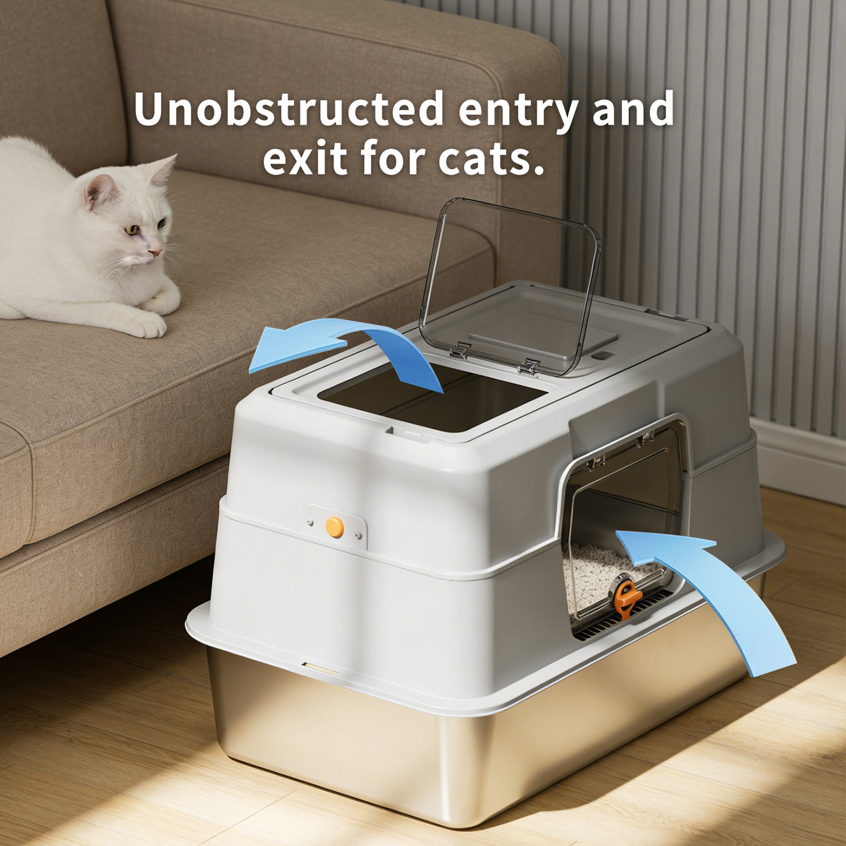 Flip-Top Enclosed Cat Litter Box, 120° Transparent Lid with Stainless Steel Tray, Activated Carbon Odor Control, Splash & Dog Proof Includes Litter Scoop and Double-Layer Mat — product image 7