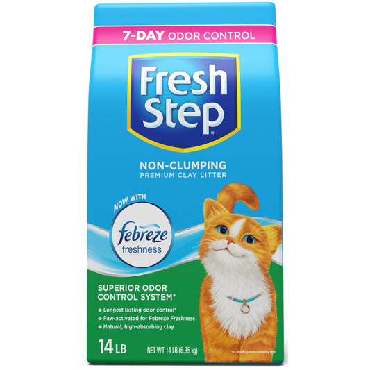 Fresh Step Non-Clumping Multi-Cat Premium Clay Cat Litter, Febreze Freshness Scent, 14 lb Bag
