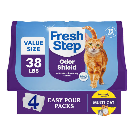 Fresh Step Odor Shield Multi-Cat Clumping Cat Litter, Febreze Freshness Scent, 38 lb, Easy Pour Pouches (4 Pack)