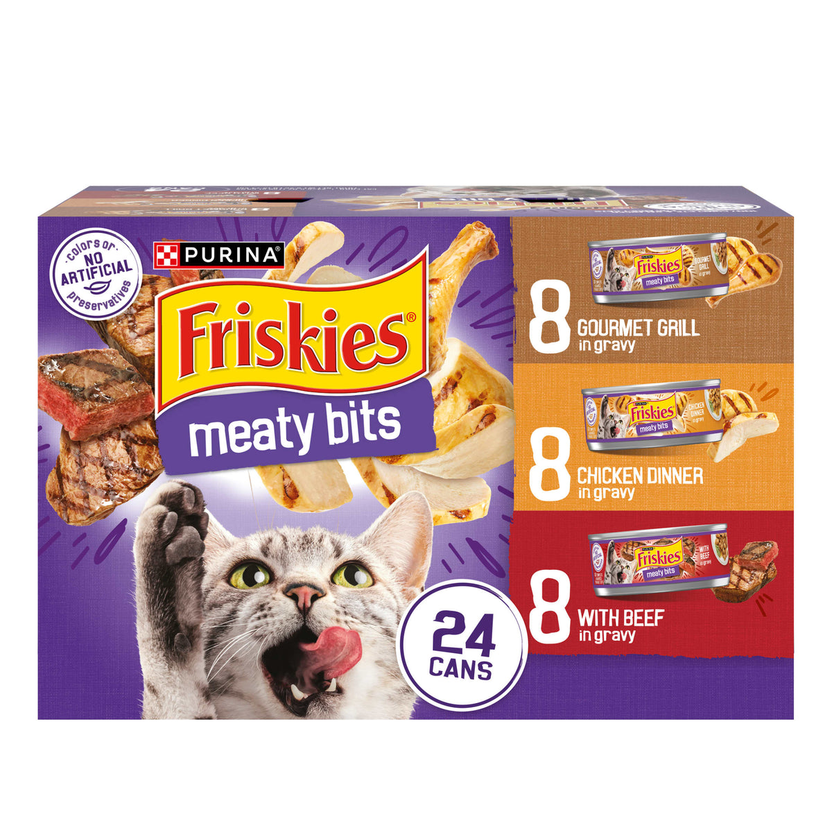 Friskies Meaty Bits Gourmet Grill, Chicken Dinner, & Beef Wet Cat Food Variety Pack, 5.5 oz Cans (24 Pack)