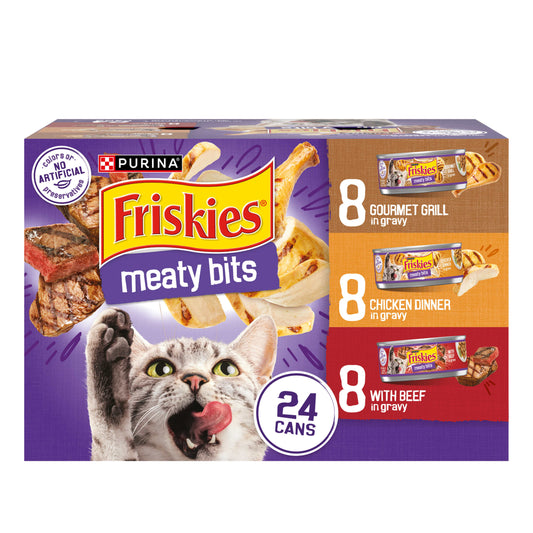 Friskies Meaty Bits Gourmet Grill, Chicken Dinner, & Beef Wet Cat Food Variety Pack, 5.5 oz Cans (24 Pack)