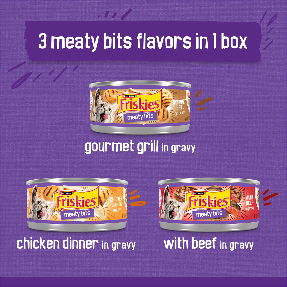 Friskies Meaty Bits Gourmet Grill, Chicken Dinner, & Beef Wet Cat Food Variety Pack, 5.5 oz Cans (24 Pack) — product image 4