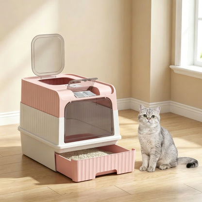 Front Entry Top Exit Enclosed Cat Litter Box with Grooved Lid, Slide Out Tray and Litter Scoop, Dual Deodorizer Slots Semi Transparent Door, Indoor Cat Toilet for Cats Up to 9 lbs