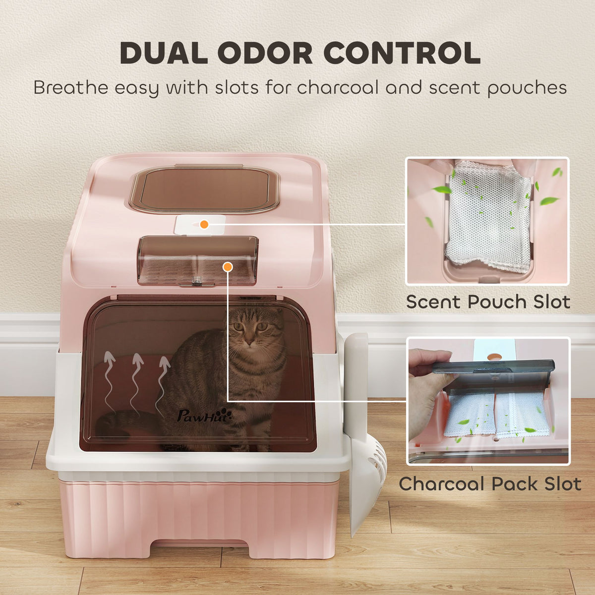 Front Entry Top Exit Enclosed Cat Litter Box with Pull Out Drawer, Litter Tracking Grate, Dual Odor Control Charcoal Slots, Includes Scoop for Cats Up to 9lbs — product image 4