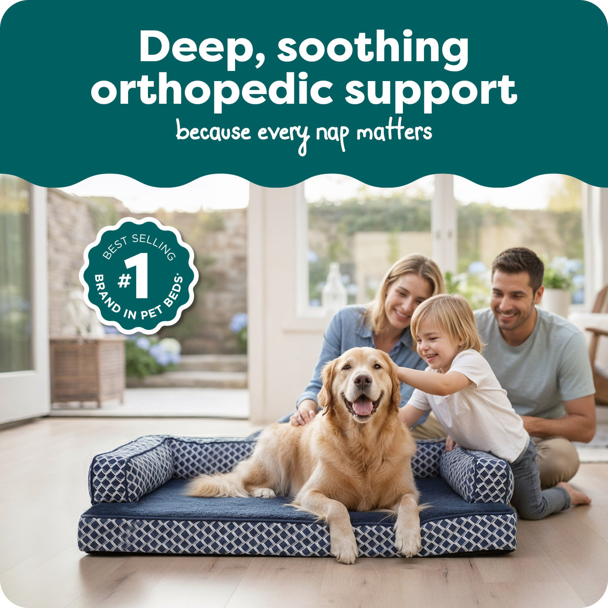 FurHaven Orthopedic Dog Bed Comfy Couch Sofa, Egg Crate with a Solid Orthopedic Foam Base for Joint Support, Removable Washable Cover, Large, Plush & Woven, Diamond Blue, 1 Count — product image 2