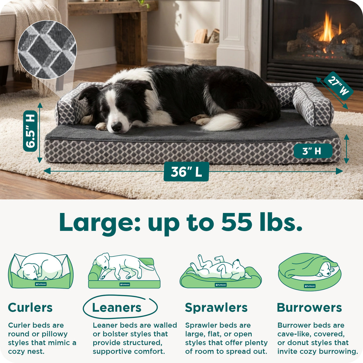 FurHaven Orthopedic Dog Bed Comfy Couch Sofa, Egg Crate with a Solid Orthopedic Foam Base for Joint Support, Removable Washable Cover, Large, Plush & Woven, Diamond Blue, 1 Count — product image 3