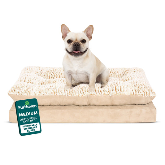 FurHaven Pet Products Medium Embossed Faux Fur & Suede Pillow Top Mattress Dog & Cat Bed, Taupe