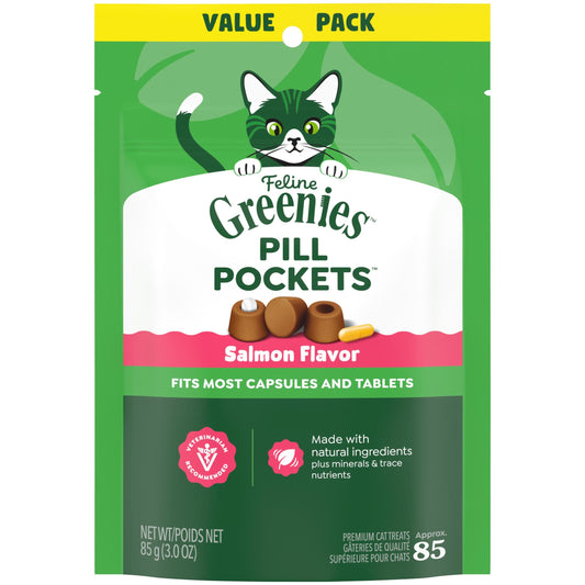Greenies Feline Salmon Flavor Pill Pockets For Cats Soft Cat Treats, 3 oz Pouch (85 Count)