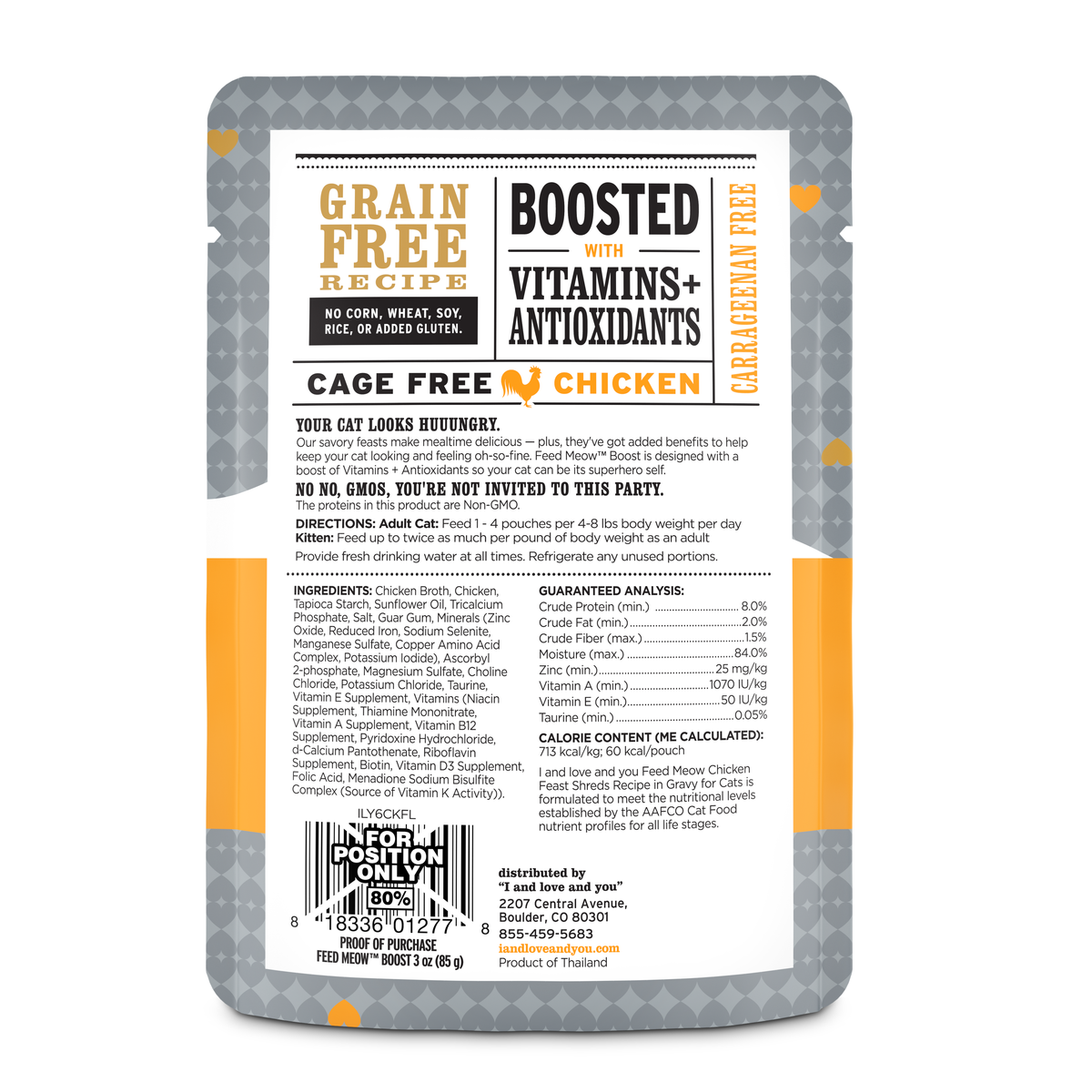 "I and love and you" Feed Meow Wet Cat Food, Boost Formula with Chicken, Complete and Balanced Meal, 3oz Pouch — product image 2