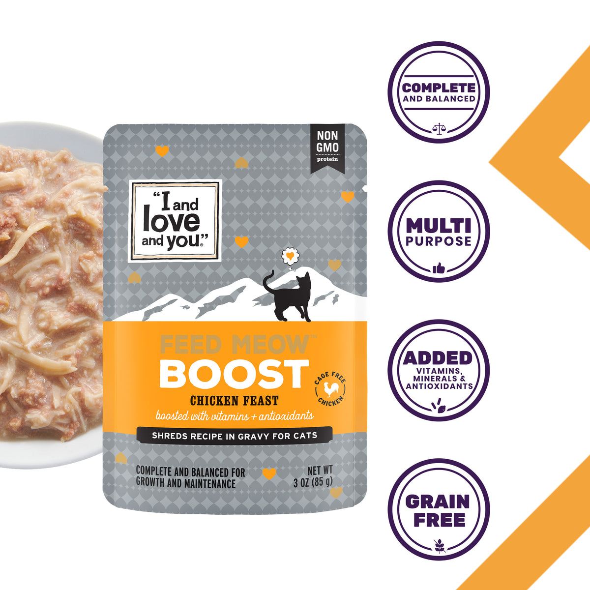 "I and love and you" Feed Meow Wet Cat Food, Boost Formula with Chicken, Complete and Balanced Meal, 3oz Pouch — product image 3