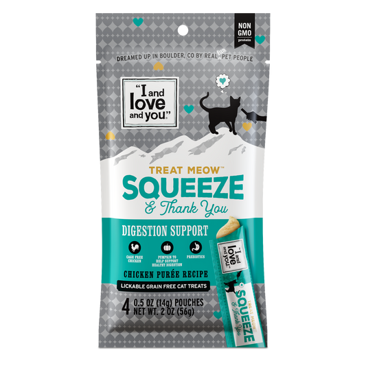 "I and love and you" Treat Meow Squeeze & Thank You Treat, Digestion Support Chicken Purée, 4 Ct.