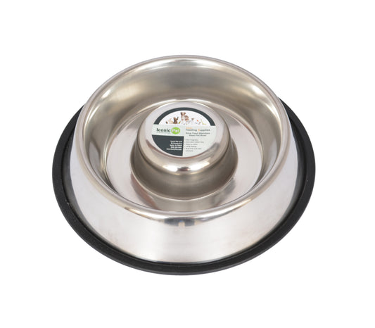 Iconic Pet 92007 24 oz Slow Feed Stainless Steel Pet Bowl for Dog or Cat - Medium