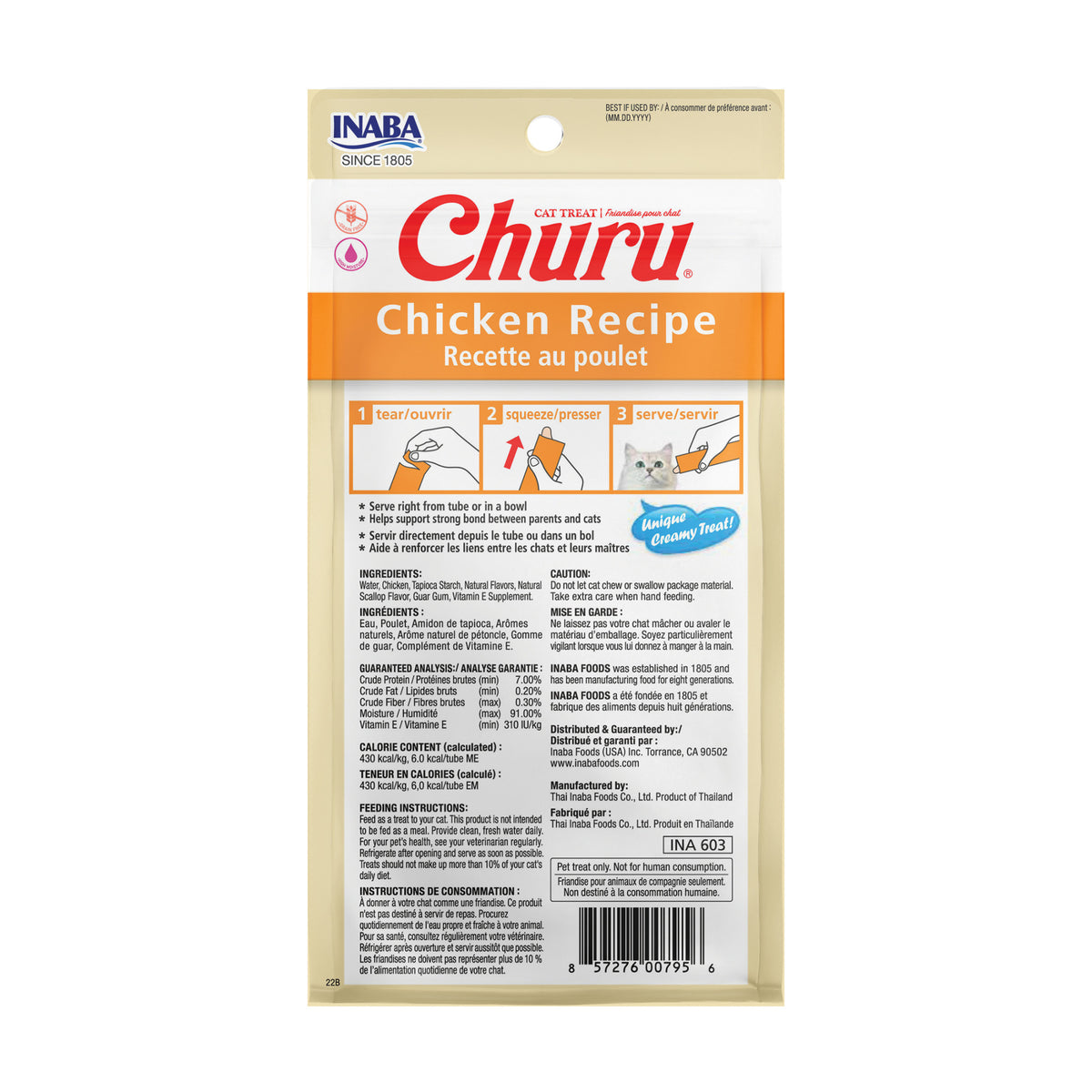 INABA Churu Cat Treats, Creamy Lickable Purée Cat Treat/Topper with Vitamin E, 0.5 Ounces Each Tube, 4 Tubes, Chicken Recipe — product image 2