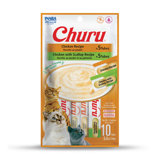 INABA Churu Creamy, Lickable Purée Cat Treat w Taurine, 0.5 oz, 10 Tubes (2 Flavor), Chicken Variety
