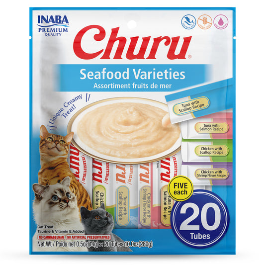 INABA Churu Creamy, Lickable Purée Cat Treat w Taurine, 0.5 oz, 20 Tubes, Seafood Variety