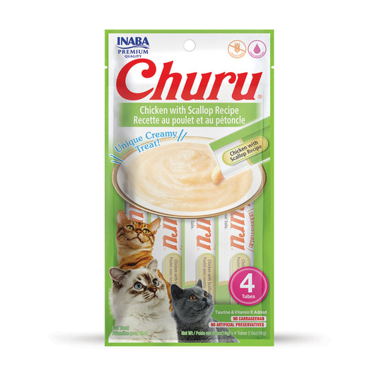INABA Churu Creamy, Lickable Wet Cat Treat with Taurine, 0.5 oz, 4 Tubes, Chicken with Scallop