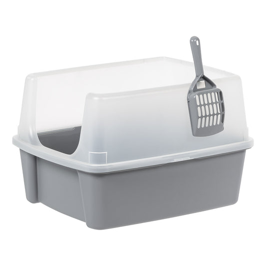 IRIS Open Top Cat Litter Tray with Scoop and Scatter Shield, Cat Litter Pan, Gray