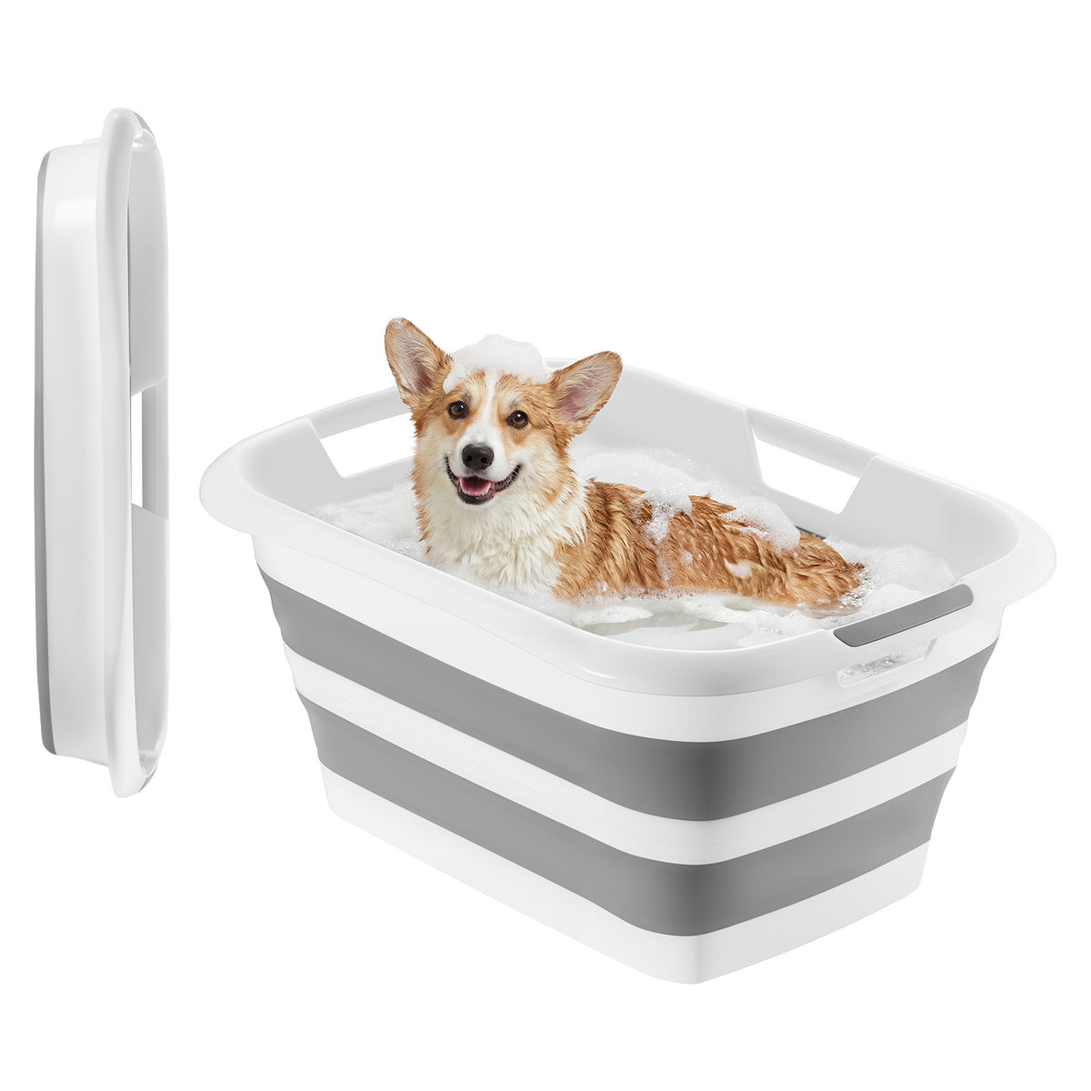 KFFKFF Collapsible Dog Bath Tub, Portable Pet Grooming and Bathing Station with Stable Support, Space-Saving Design, Built-In Drainage Hole for Small Pets, Puppies, and Cats, Gray and White