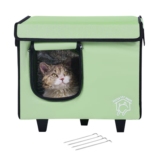 KFFKFF Raised Warming Feline Home, Rectangular Feline Refuge with Modifiable Heat & Timing, 900D Oxford Fabric Collapsible Cat House with Warming Mat, Green (Petite)