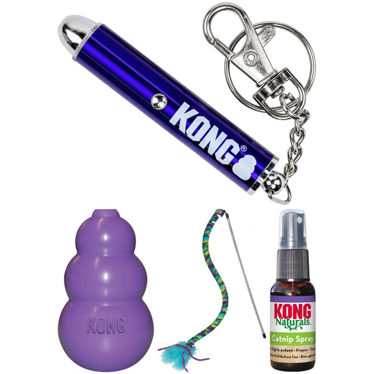 KONG Kitty Treat Dispenser, Catnip Spray, Laser Pointer & Curlz Teaser Wand – Interactive Cat Toys for Indoor Cats