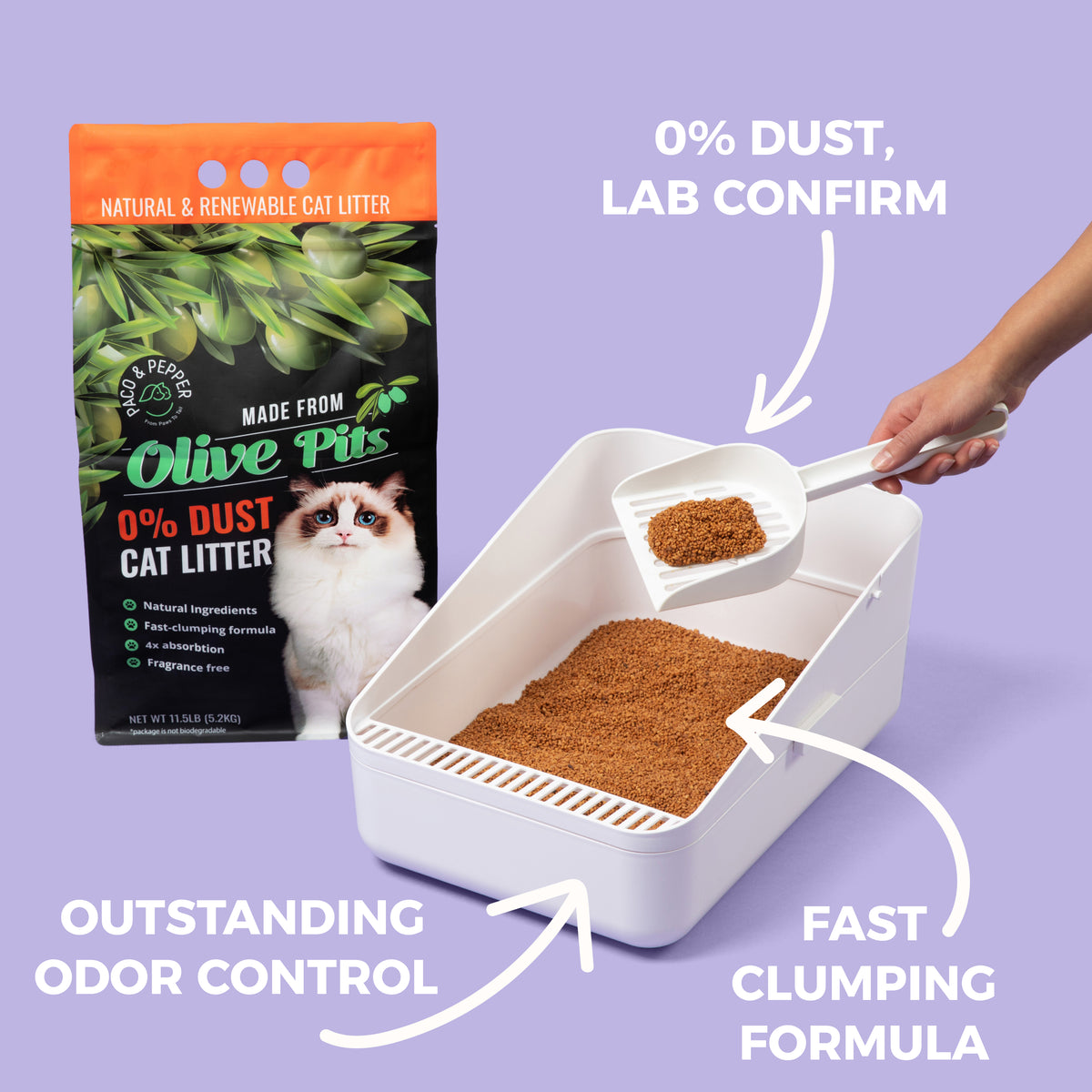 Made from Olive Pits 0% Dust Natural Unscented Clumping Multicat Formula Cat Litter, 25-lb bag — product image 3
