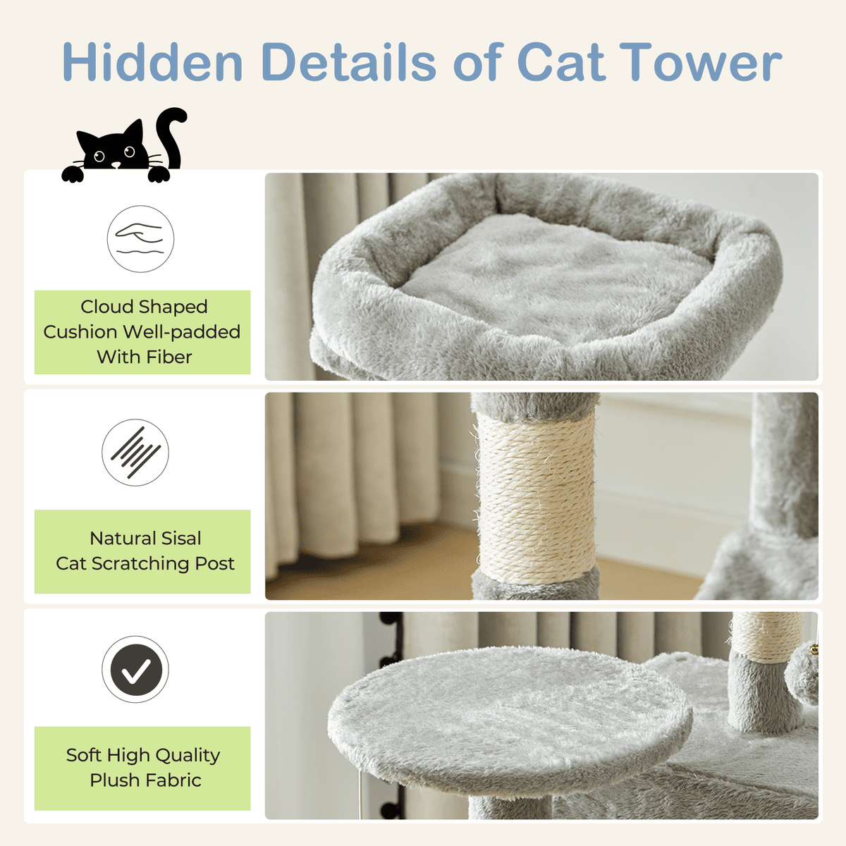 MAYEERTY 44-inch Cat Tree Tower Multi-Cat Climbing Natural Sisal Scratching Posts Extended Platform Hammock — product image 2