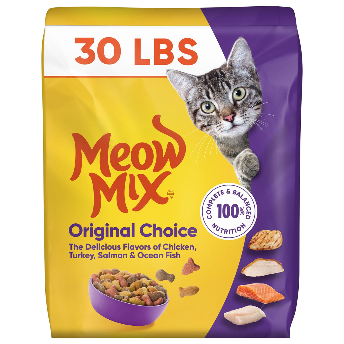 Meow Mix Original Choice Dry Cat Food, All Life Stages, Chicken, Turkey, Salmon & Ocean Fish Flavors, 30 lb Bag