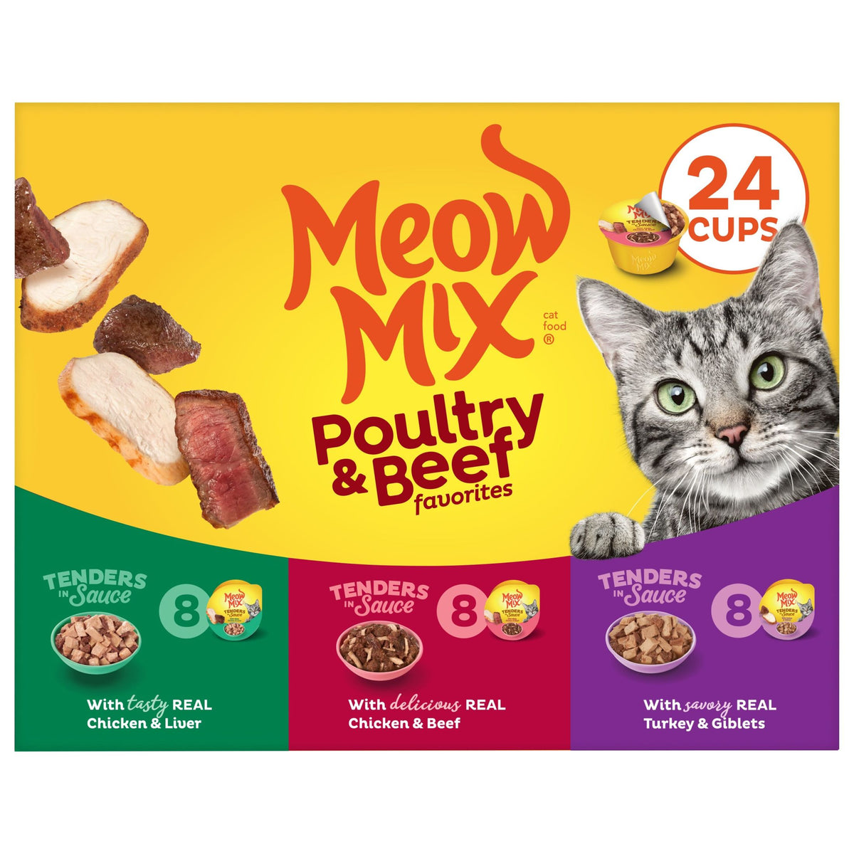 Meow Mix Tenders in Sauce Wet Cat Food Variety Pack With Poultry & Beef Favorites, 24 Cups, 2.75 oz Each