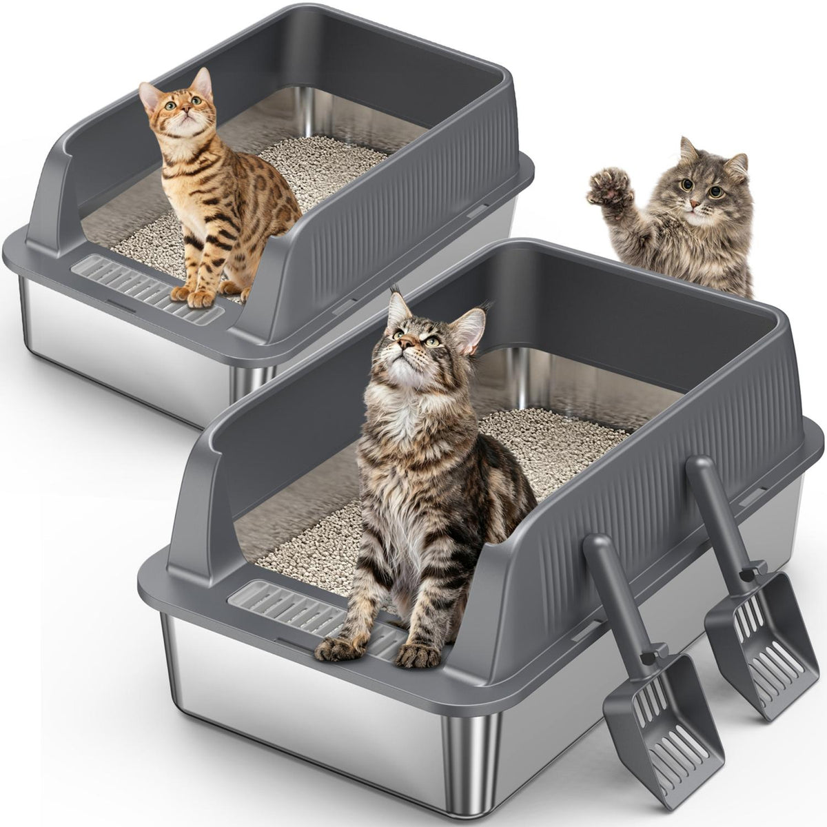 Odor-Resistant Stainless Steel Cat Litter Box with High-Sided Design and Litter Scoop, Easy to Clean and Durable, Black and Silver
