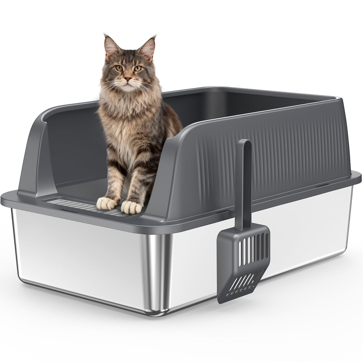 Odor-Resistant Stainless Steel Cat Litter Box with High-Sided Design and Litter Scoop, Easy to Clean and Durable, Black and Silver — product image 2