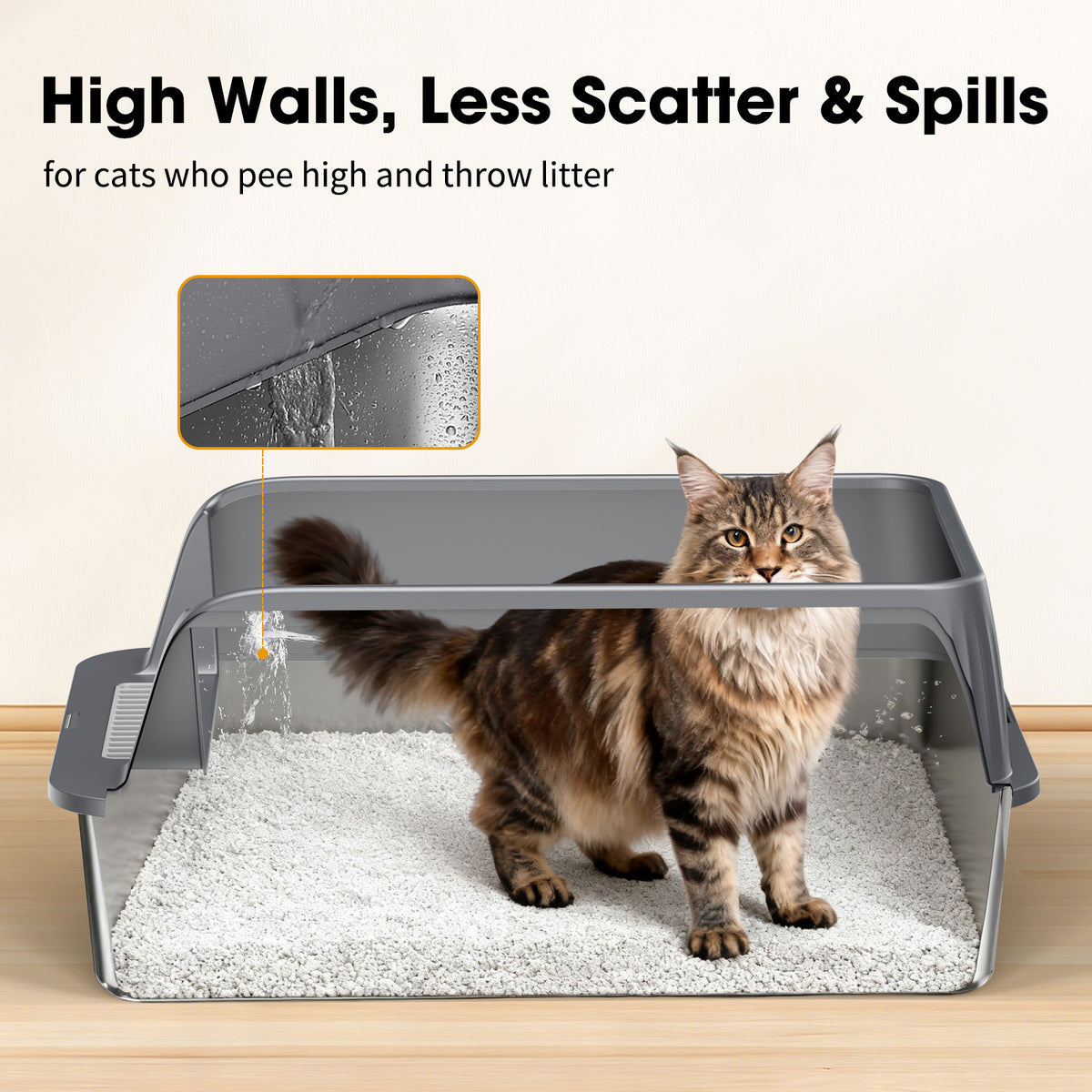 Odor-Resistant Stainless Steel Cat Litter Box with High-Sided Design and Litter Scoop, Easy to Clean and Durable, Black and Silver — product image 4