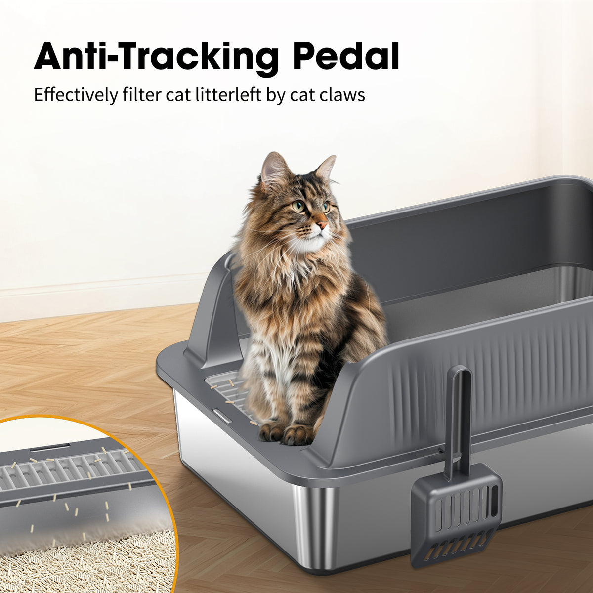 Odor-Resistant Stainless Steel Cat Litter Box with High-Sided Design and Litter Scoop, Easy to Clean and Durable, Black and Silver — product image 6