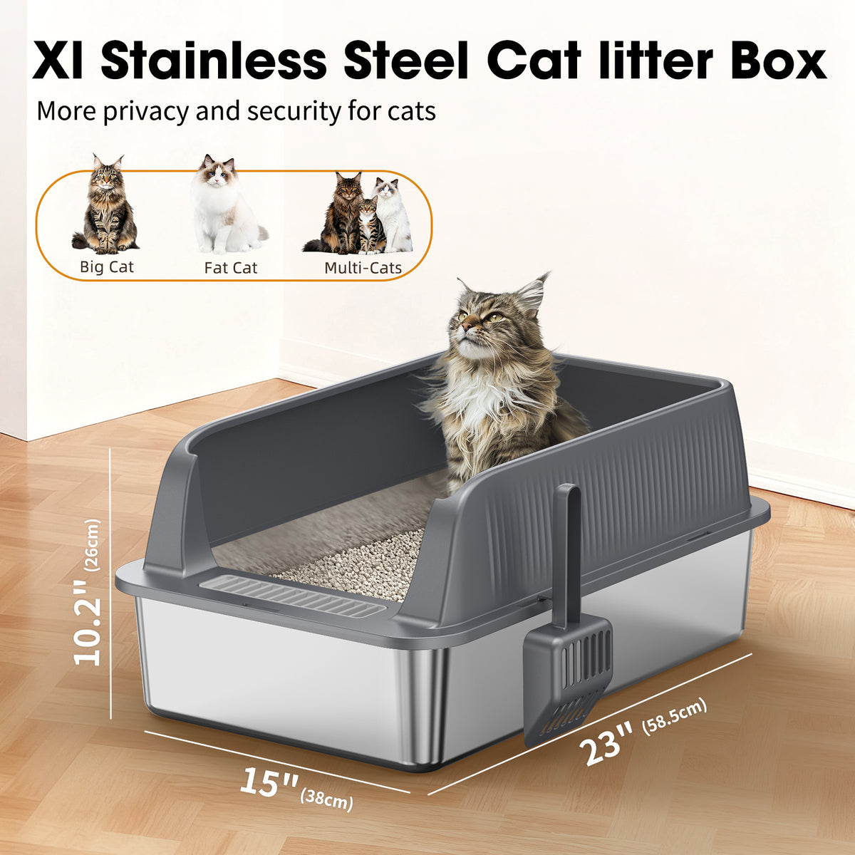 Odor-Resistant Stainless Steel Cat Litter Box with High-Sided Design and Litter Scoop, Easy to Clean and Durable, Black and Silver — product image 7