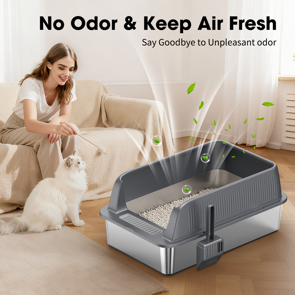 Odor-Resistant Stainless Steel Cat Litter Box with High-Sided Design and Litter Scoop, Easy to Clean and Durable, Black and Silver — product image 9