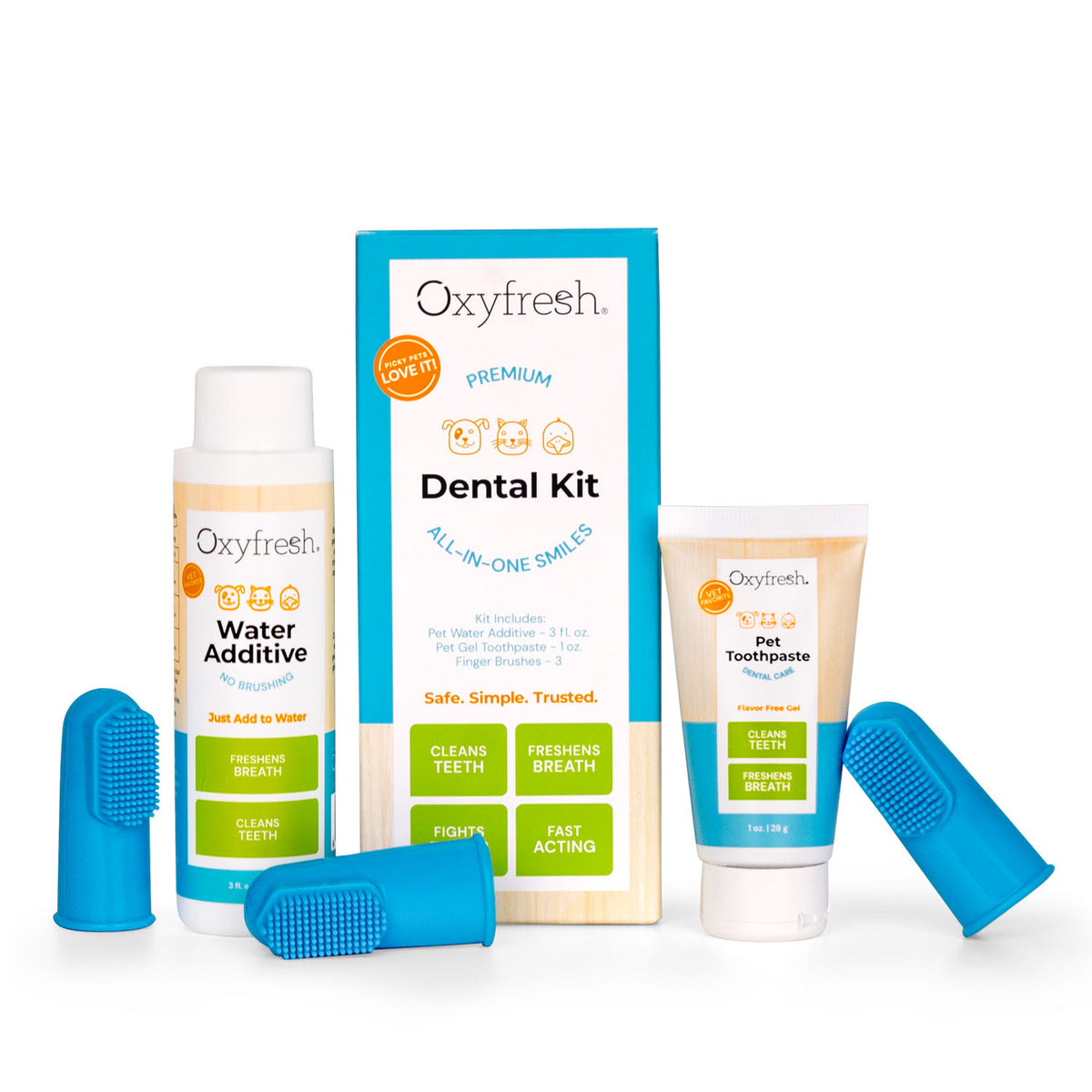 Oxyfresh Premium Pet Dental Kit, Easy Dog & Cat Fresh Breath & Teeth Cleaning Solution, Vet Formulated Toothpaste 1oz, Water Additive 3oz, & 3 Brushes