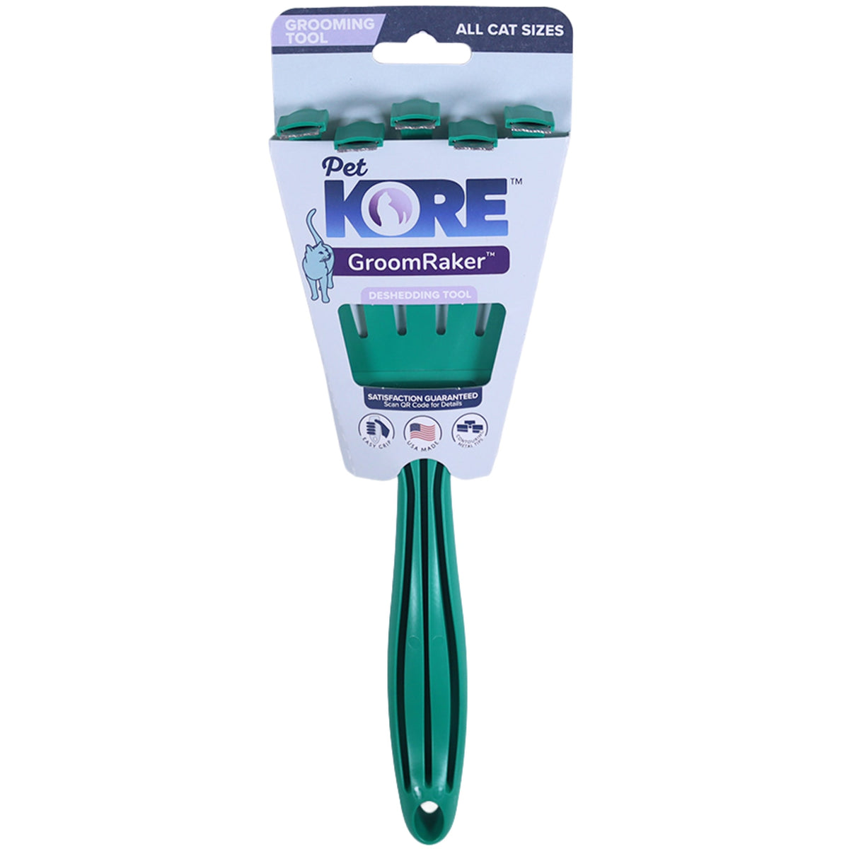 PetKORE: GroomRaker - Cat, Small - Green Deshedding Tool, Pet Grooming, Hair-Dander Removal, Rubber Contour Fingers w/ Gentle Metal Tips, Coat Care — product image 2