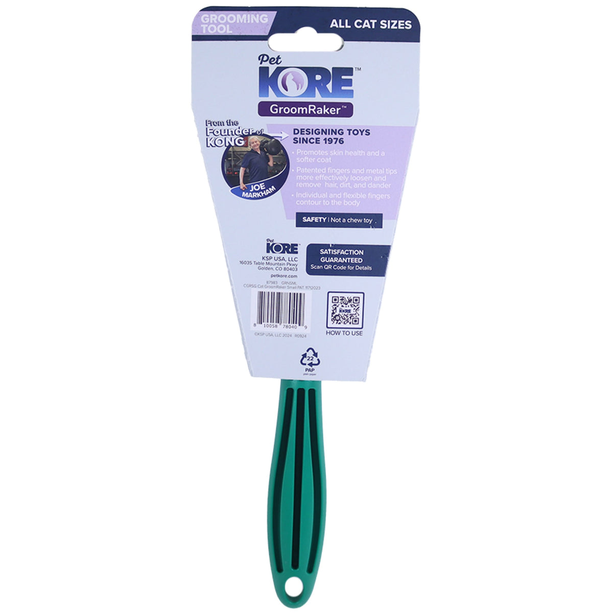 PetKORE: GroomRaker - Cat, Small - Green Deshedding Tool, Pet Grooming, Hair-Dander Removal, Rubber Contour Fingers w/ Gentle Metal Tips, Coat Care — product image 4