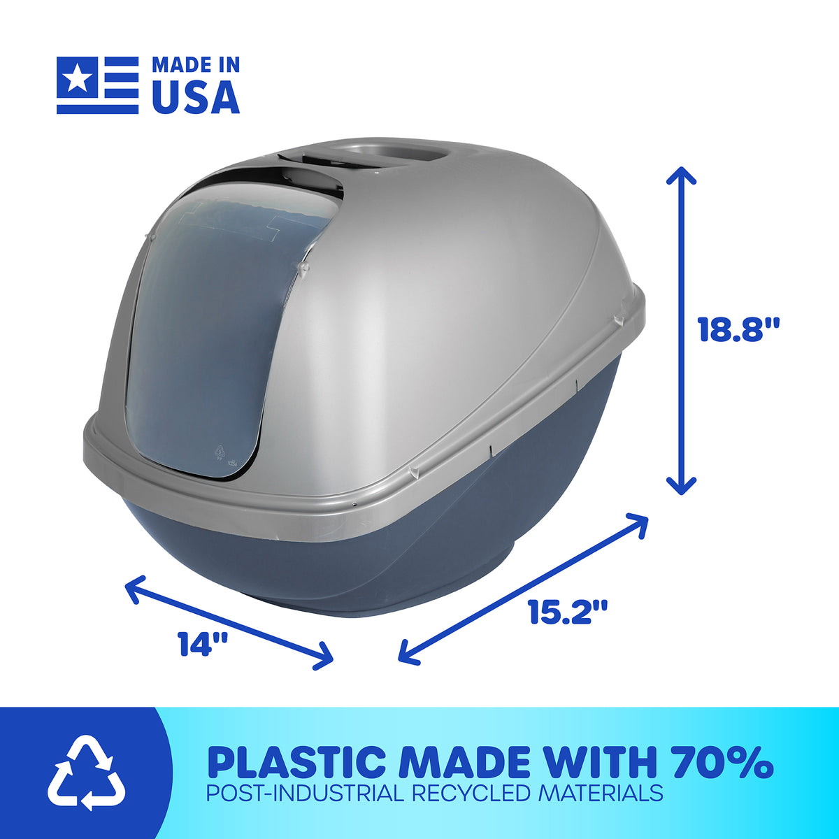 Petmate Basic Hooded Enclosed Cat Litter Pan Covered Plastic Box with Door, Large, Blue Silver — product image 6