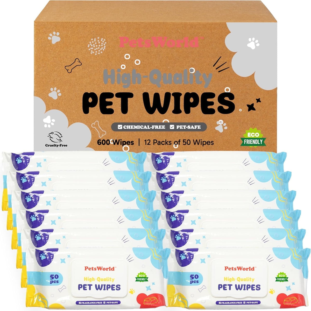 PetsWorld Pet Wipes for Dogs & Cats | Unscented, Hypoallergenic, Alcohol-Free, Plant-Based Fibers, Thick & Durable, Textured Grooming Wipes | Safe for Sensitive Skin & Daily Use - 600 Count