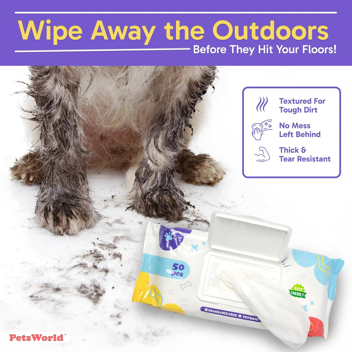 PetsWorld Pet Wipes for Dogs & Cats | Unscented, Hypoallergenic, Alcohol-Free, Plant-Based Fibers, Thick & Durable, Textured Grooming Wipes | Safe for Sensitive Skin & Daily Use - 600 Count — product image 3
