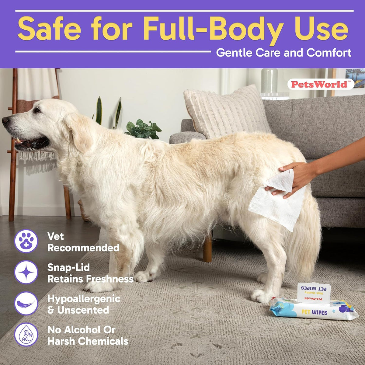 PetsWorld Pet Wipes for Dogs & Cats | Unscented, Hypoallergenic, Alcohol-Free, Plant-Based Fibers, Thick & Durable, Textured Grooming Wipes | Safe for Sensitive Skin & Daily Use - 600 Count — product image 4