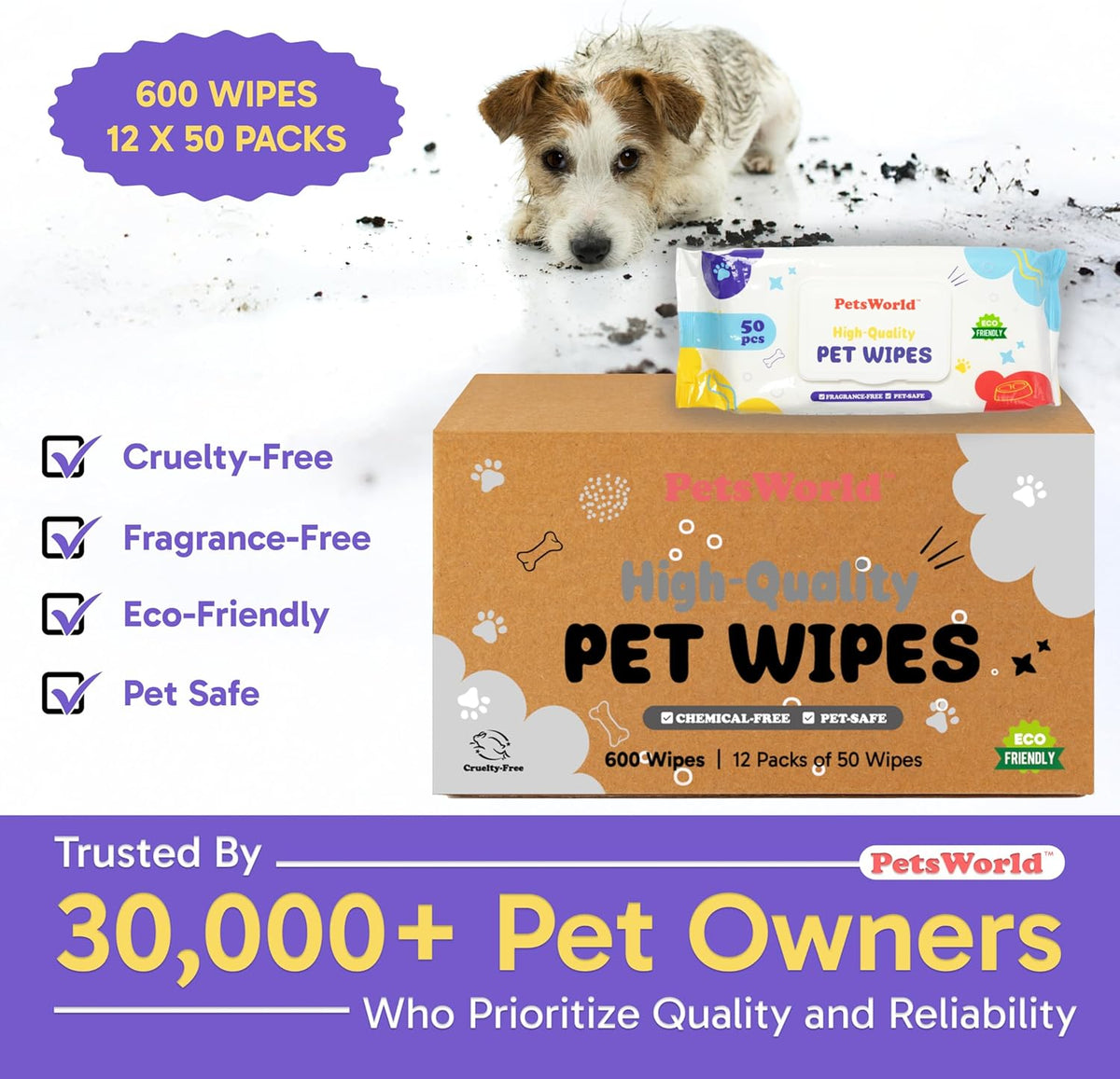 PetsWorld Pet Wipes for Dogs & Cats | Unscented, Hypoallergenic, Alcohol-Free, Plant-Based Fibers, Thick & Durable, Textured Grooming Wipes | Safe for Sensitive Skin & Daily Use - 600 Count — product image 7