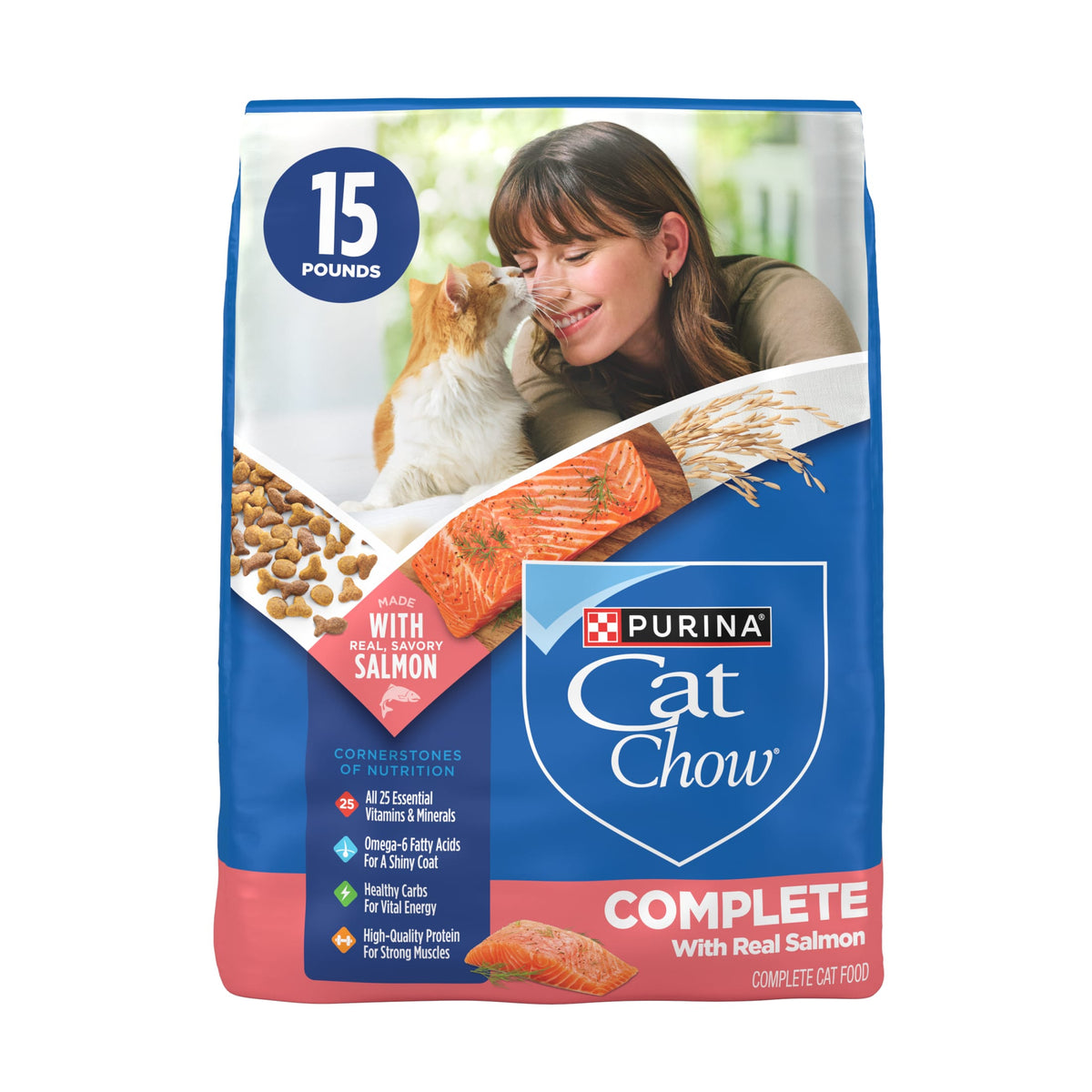 Purina Cat Chow Complete High Protein Dry Cat Food with Real Salmon, 15 lb Bag