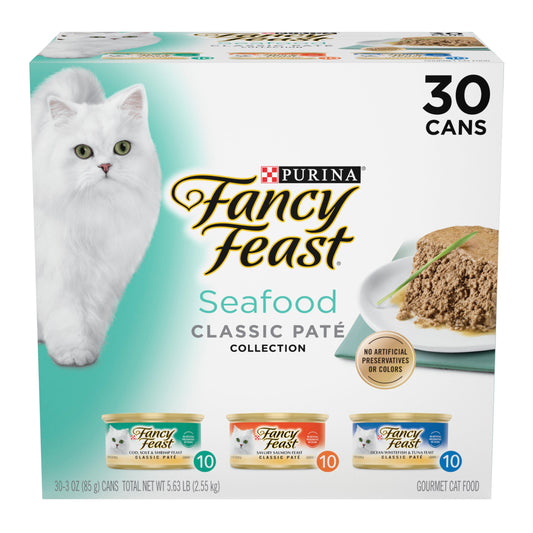 Purina Fancy Feast Classic Pate, Wet Cat Food, Seafood, 3 oz Cans, 30 Pack