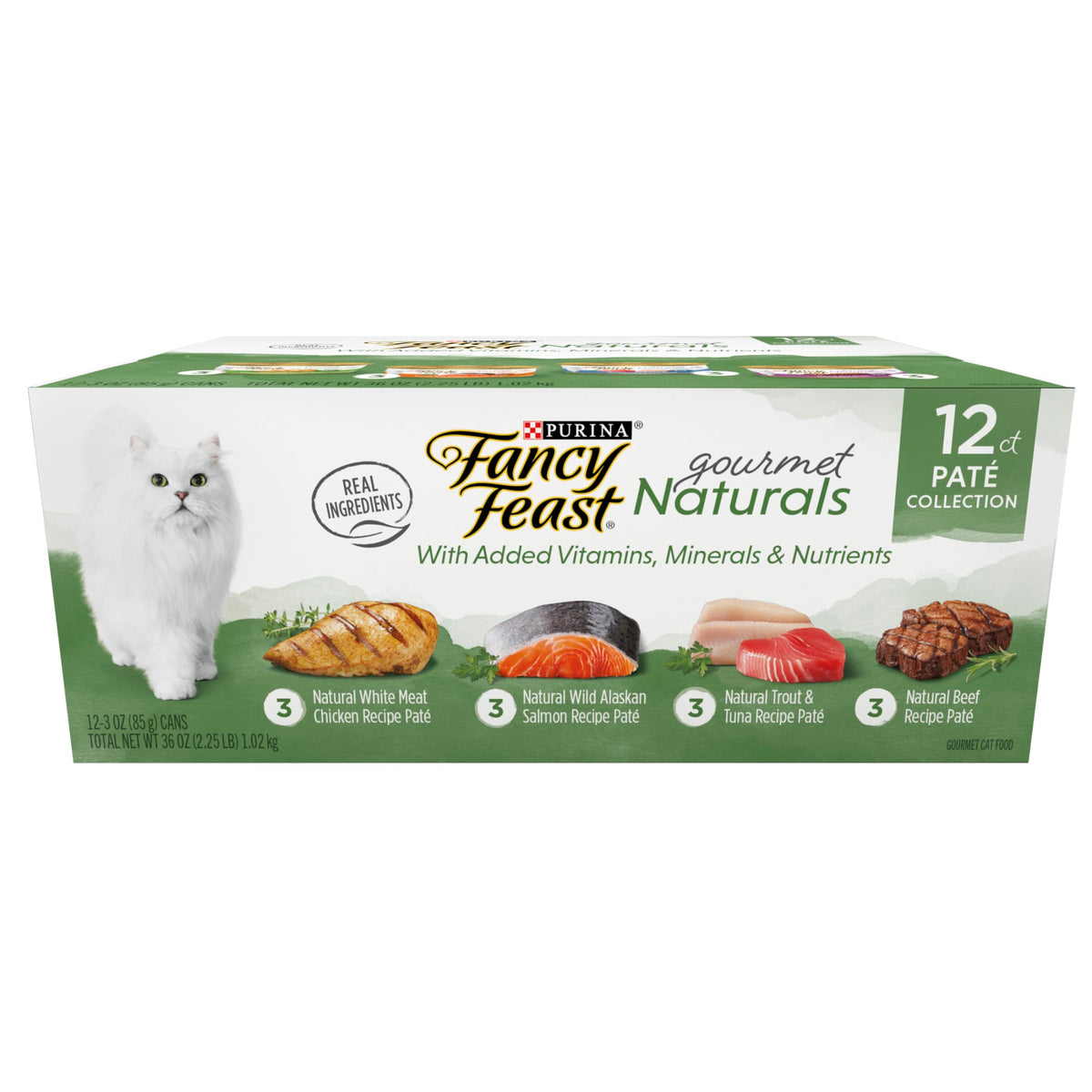Purina Fancy Feast Gourmet Naturals Chicken, Salmon, Trout & Tuna, & Beef Flavor Pate Wet Cat Food, 3 oz Cans (12 Pack)