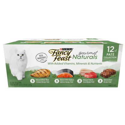 Purina Fancy Feast Gourmet Naturals Chicken, Salmon, Trout & Tuna, & Beef Flavor Pate Wet Cat Food, 3 oz Cans (12 Pack)
