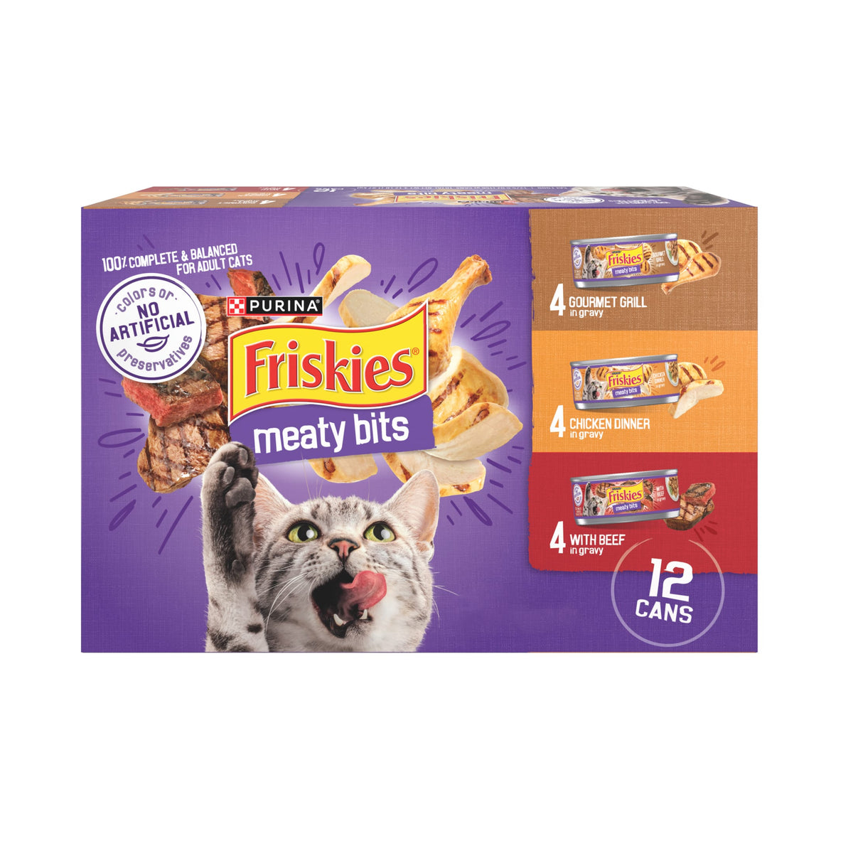 Purina Friskies Gourmet Grill, Chicken Dinner, & Beef Meaty Bits Wet Cat Food Variety Pack, 5.5 oz. Cans, 12 Pack