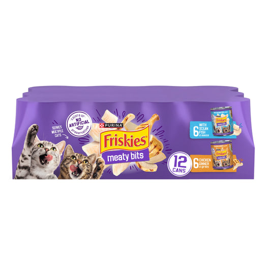Purina Friskies Meaty Bits Ocean Fish & Chicken Dinner Flavor Chunks Wet Cat Food Variety Pack, 13.5 oz Cans (12 Pack)