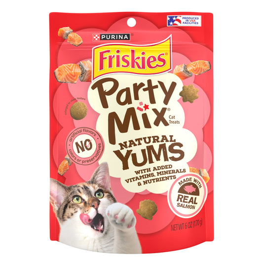 Purina Friskies Party Mix Natural Yums Cat Treats, Salmon, (6) 6 oz Bags, 6 Pack