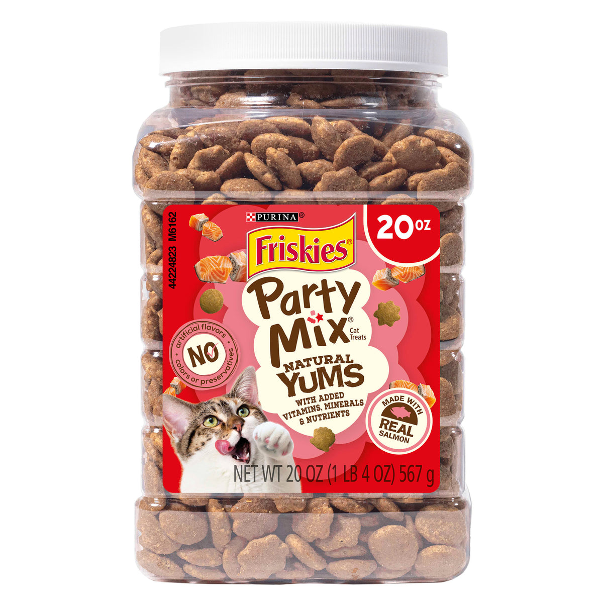 Purina Friskies Party Mix Natural Yums Salmon Flavor Crunchy Treats for Cats, 20 oz Canister, 3 Pack